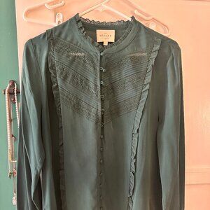 SEZANE- pine green button down blouse- size 40, lace collar,